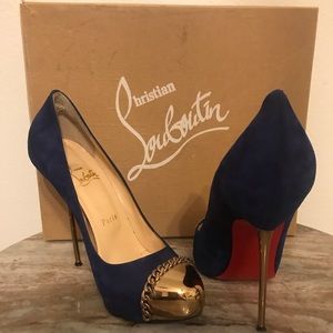 Christian Louboutin suede gold toe stiletto pumps